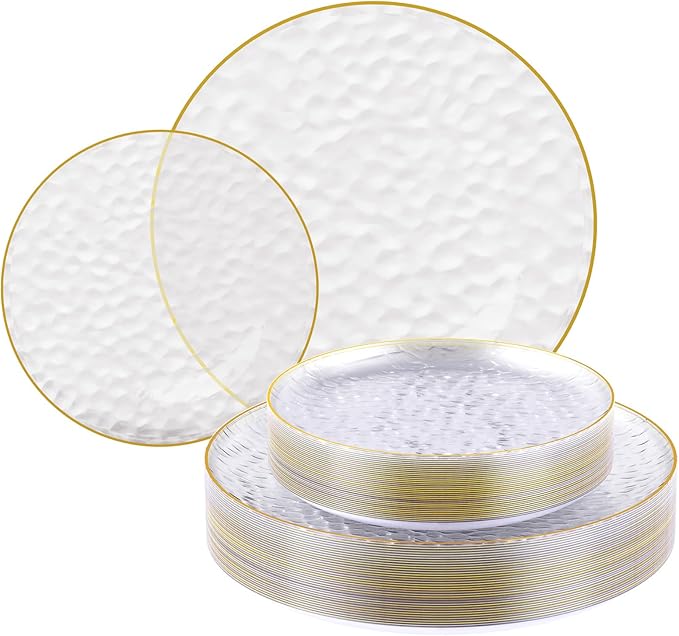FOCUSLINE 60Pcs Clear Plastic Plates, Clear Disposable Plates with Gold Rim, 30 7" Salad Dessert Plate and 30 10" Dinner Plate Heavy-duty Hammered Plates for Party, Wedding