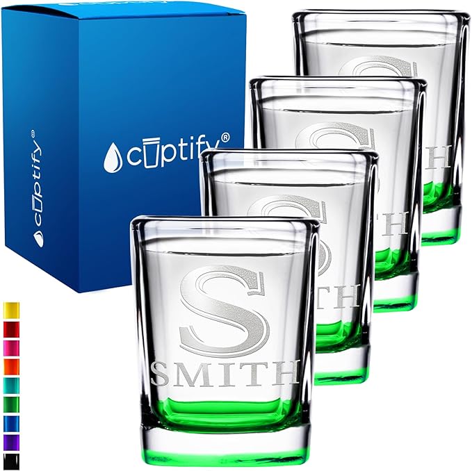 Personalized Shot Glasses Set of 4 Initial and Name 2oz Green Bottom Etched Square Shot Glass Engraved with Custom Text Birthday Gift for Men and Women
