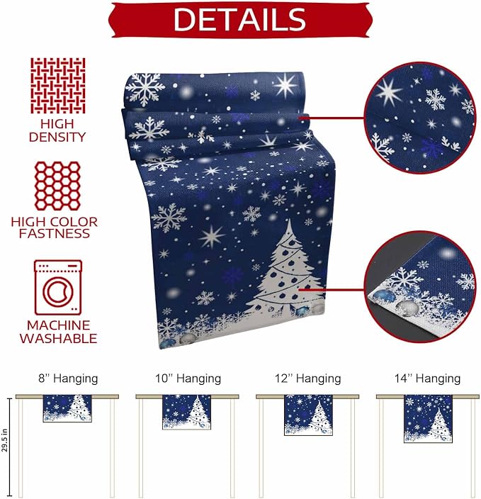 Navy Blue Christmas Tree Table Runner 60 Inches Long, Xmas Balls Snowflake - Image 7