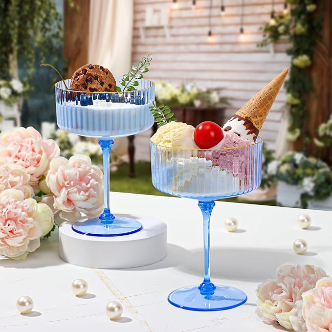 XUWAIDSGN 24 Pcs Champagne Martini Glasses 9 Oz with Gilded Removable Gold Rim Coupe Glasses Pink Martini Glasses Plastic Mimosa Vintage Coupe Glasses Set For Wedding Anniversary (24, Clear Blue)