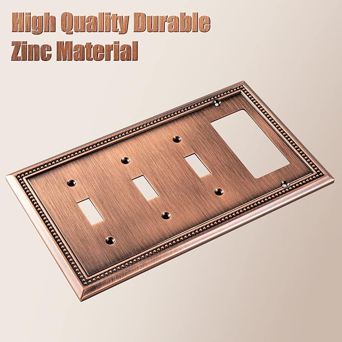 Henne Bery Sunken Pearls Heavy Duty Decorative Wall Plate Switch Plate Outlet Cover (Triple Toggle/Single Decorator, Antique Copper)