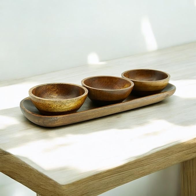 Acacia Wooden Calabash Bowls with Baguette Tray, 4-Piece Set: Three 4.25" Dip Bowls and 13.5" Bread Tray, Rustic Handcrafted Appetizer & Condiment Set