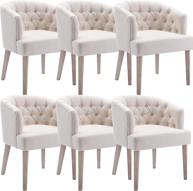 Mid-Century Dining Chairs Set of 6, Tufted Upholstered Linen Dining Room Chairs Comfy Side Chair Armchair Guest Chair with Wooden Legs for Dining Room Living Room, Beige