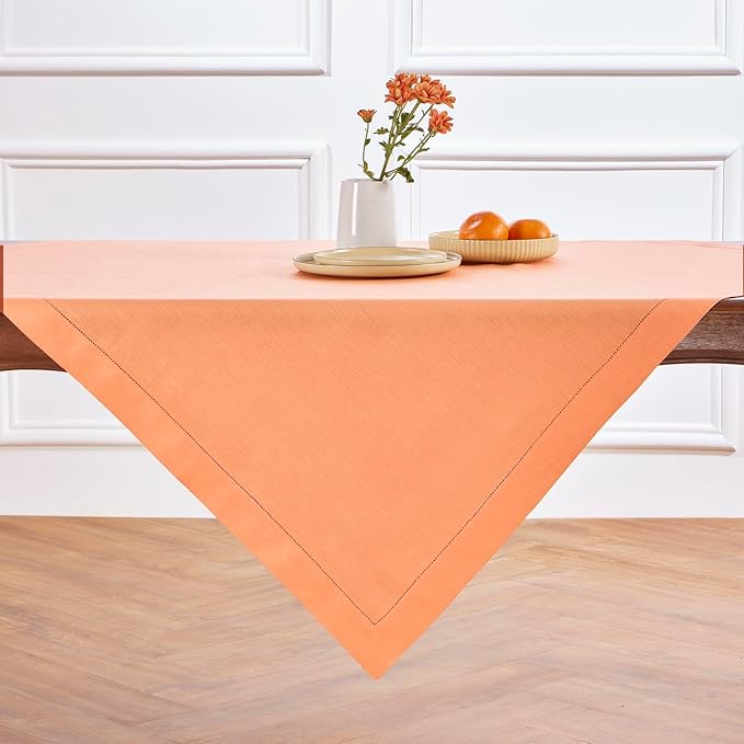Solino Home Coral Linen Tablecloth 52 x 52 Inch - 100% Pure Linen Square Table Throw - Classic Hemstitch, Machine Washable Table Cloth for Valentines, Spring, Easter