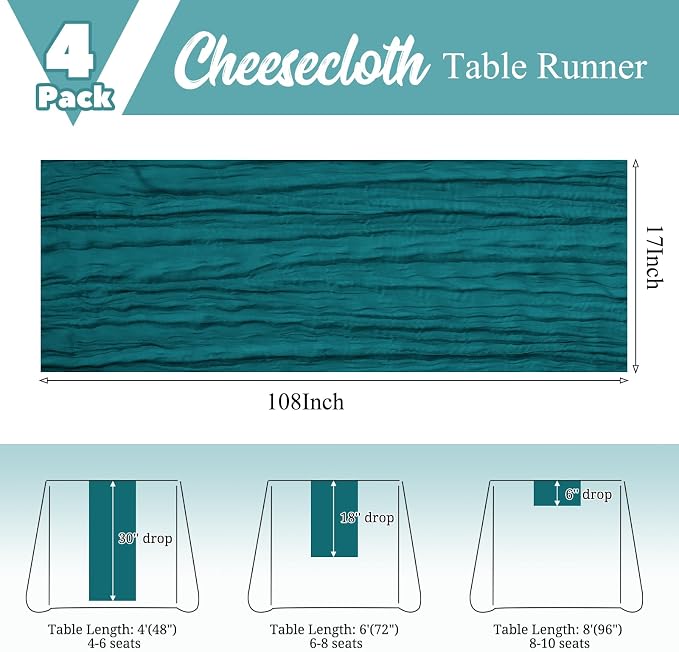 4 Pack Teal Table Runner 17 x 108inch Cheesecloth Table Runner Boho Gauze Table - Image 3