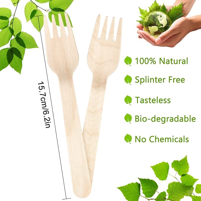 100 Pack Disposable Wooden Forks – 6.2 Inch Splinter-Free Birch Cutlery – Sturdy Natural Wood Utensils for Weddings, BBQ, Parties & Camping – Smooth Unwaxed Alternative to Plastic
