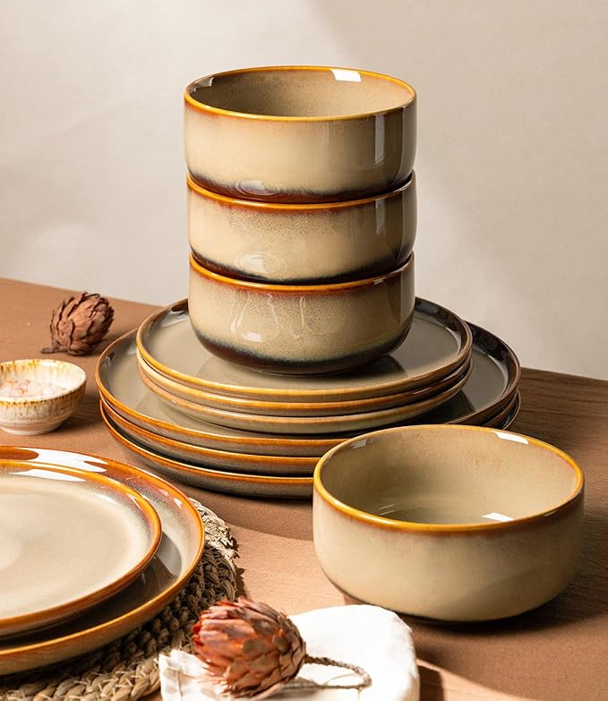 TheTerra Ceramic Dinnerware Sets for 4, 12 Pieces Handmade Reactive Glaze Plates and Bowls Set, Scratch Resistant Dish Set, Oven & Microwave & Dishwasher Safe, Creamy Amber