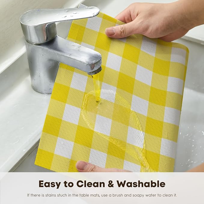 Artoid Mode Buffalo Plaid Vinyl Placemats Set of 4, 12x18 Inch Washable Non-Slip Heat Resistant Plastic Place Mats for Party Dining Table, Yellow/White