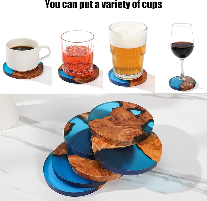Wooden Beverage Coaster Set of 6 with Holder - Handmade Resin Wood Coasters, Drink Coaster Set for Coffee Tables, Home Bar Decorations, Round Blue Wood Coaster Set