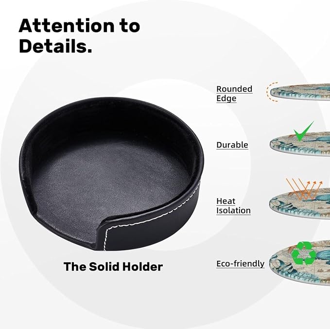 Drink Coasters with Holder Stand Set of 6, Sea Turtle Pu Leather Absorbent - Image 4
