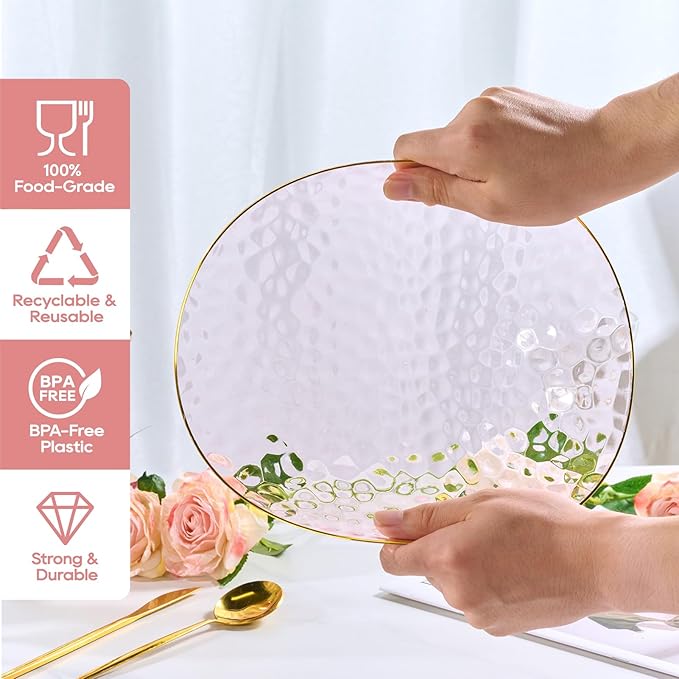 FOCUSLINE 60Pcs Clear Plastic Plates, Pink Disposable Plates with Gold Rim, 30 7" Salad Dessert Plate and 30 10" Dinner Plate Heavy-duty Hammered Plates for Party, Wedding