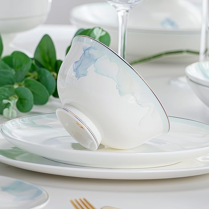 60 Pcs Fine Bone China Dinnerware Set, Porcelain&Ceramic Dinnerware Sets,Bone Stoneware&Ceramic Cookware Tableware Set Includes Dinner Plates|Spoons|Pasta Bowls|Soup Pot|Chopsticks