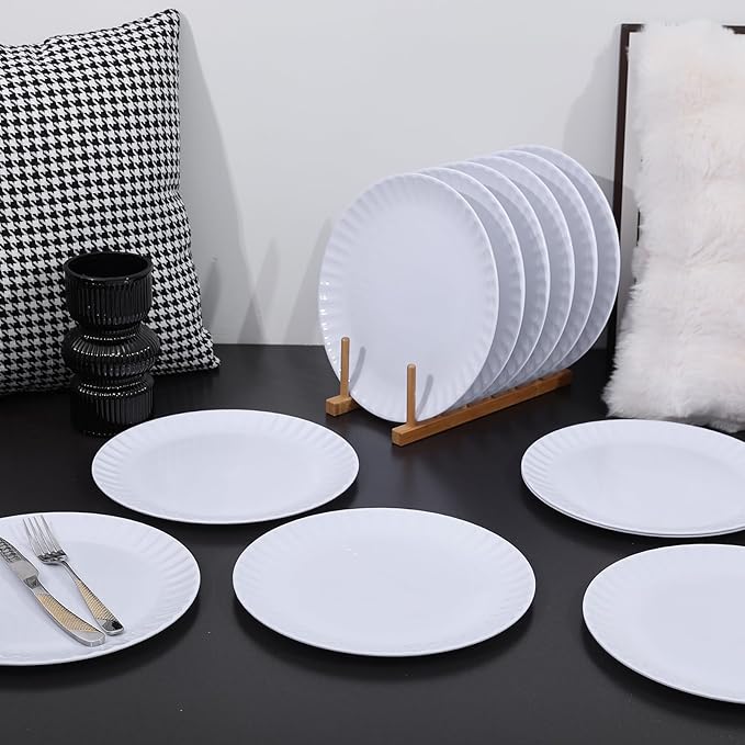 White Melamine Dinner Plates Set of 12, 10.5 Inch Lace Salad Serving Plates, Lightweight Plastic Round Plates, Elegant Appetizer Dessert Dishes for Wedding, Party, Restaurant, Kitchen