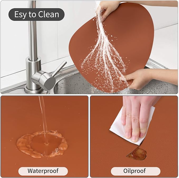 Faux Leather Fall Placemats Set of 6 Wipeable Washable Place Mats for Round Table Table Mats for Kitchen Dining Patio, Heat Resistant Easy to Clean Oval Brown Placemat