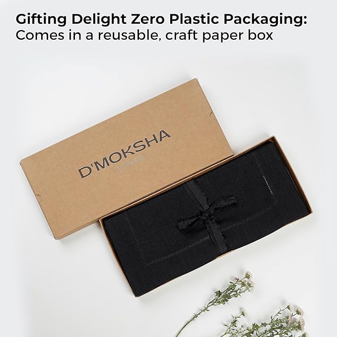 D'Moksha Homes Linen Black Table Runner 120 Inches Long - 100% Pure Linen Hemstitch 14 x 120 Inch Table Runner for Dining, Spring, Easter - Classic Hemstitch