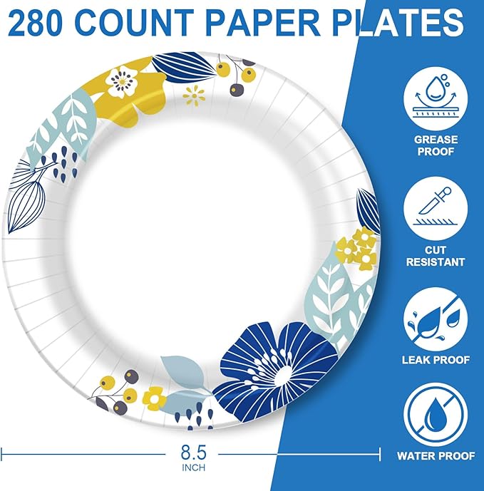 8.5 Inch Paper Plates Bulk 280 Count, Cut Proof Heavy Duty Paper Plates, Soak Proof Dessert Plate, Disposable Dinner Plate for Party, Birthday and Picnic (Flower)