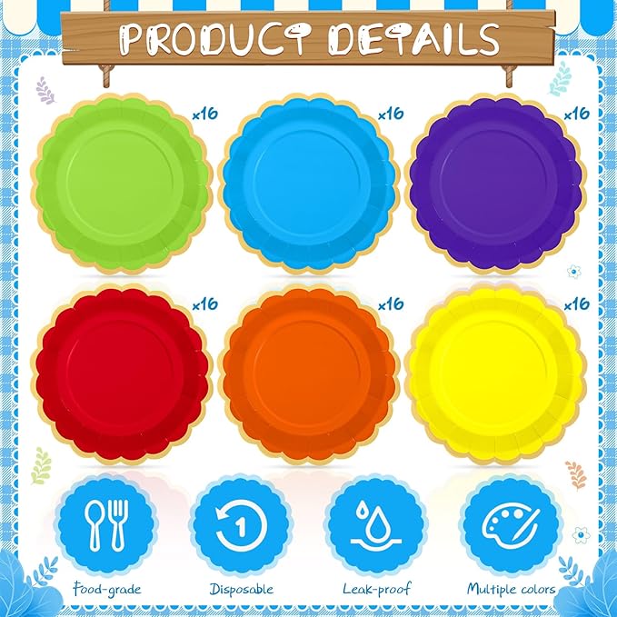 96 Pcs Rainbow Paper Plates 9 Inch Gradient Scalloped Paper Plates Disposable Dinner Dessert for Birthday Wedding Bridal Party Supplies, 6 Colors