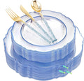Liacere 150PCS Clear and Blue Plastic Plates-Clear and Blue Disposable Plates with Glitter Bamboo Handle Cutlery-60 Baroque Elegant Plates, 30 Forks, 30 Spoons, 30 Knives for Wedding＆Christmas