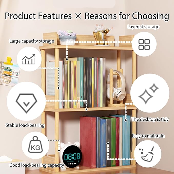 Desktop Organizer Shelf, Multi Tier Wood Tabletop Bookshelf, Space Saving Countertop Storage Rack for Office, Bedroom, Living Room(Light Walnut,15.7 * 7.8 * 14.5in)