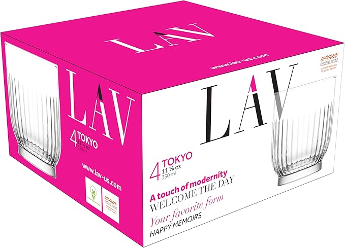 LAV Tokyo Whiskey Glass Set – 11.16 fl oz, Crystal Clear Stylish Barware for Home, Kitchen - Pack of 4