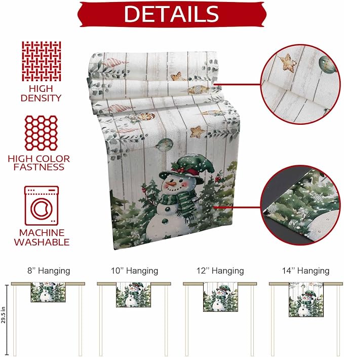 Christmas Snowman Table Runner 36 Inches Long, Xmas Trees Eucalyptus Leaves - Image 7