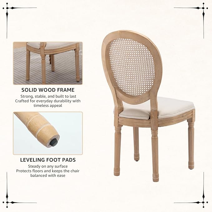 Vintage French Rattan Dining Chairs Set of 2, Solid Wood Frame with Round Rattan Back and Linen Upholstered Seat, Farmhouse Accent Sillas de Comedor Side Chairs for Dining Room & Kitchen, Beige