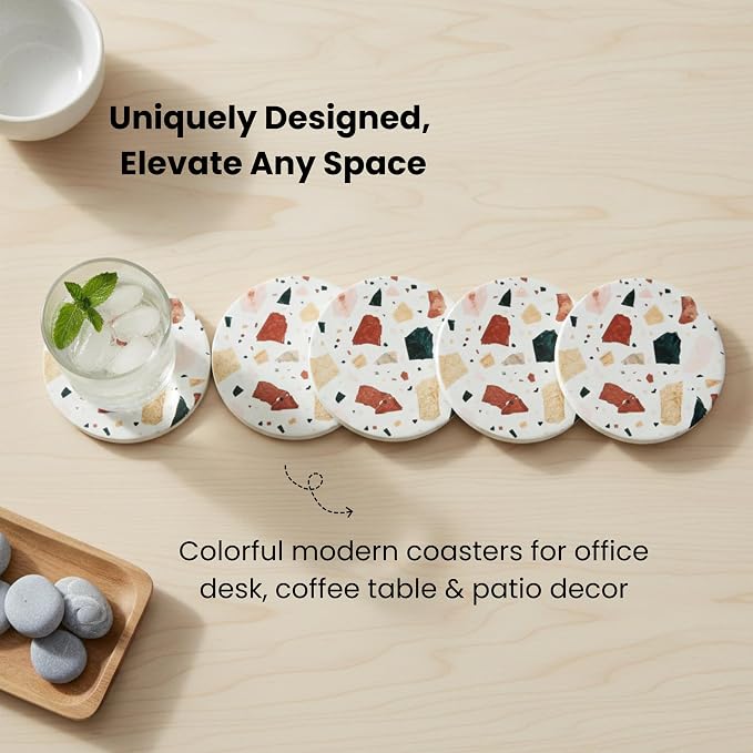 Terrazzo Coasters Set of 6, Colorful Boho Absorbent Ceramic Coasters | Speckled - Image 3