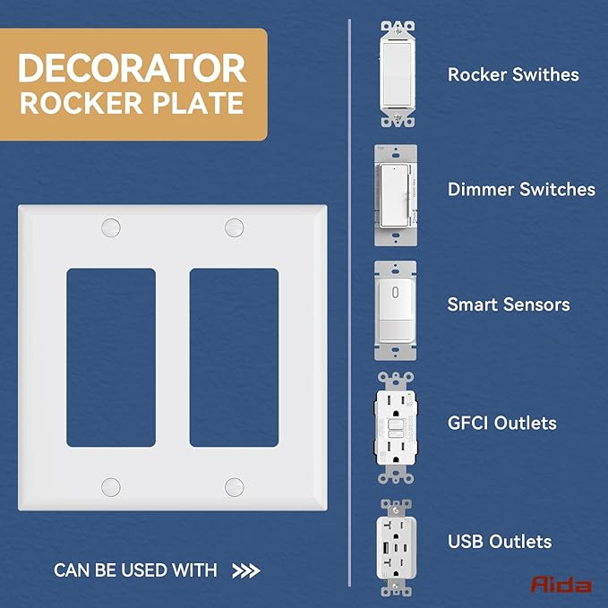 AIDA 2-Gang Decorative Wall Plates, Standard Size 4.53" H x 4.57" L, Unbreakable Thermoplastic, UL Listed - 4 Pack, Glossy White for Outlets & Switches