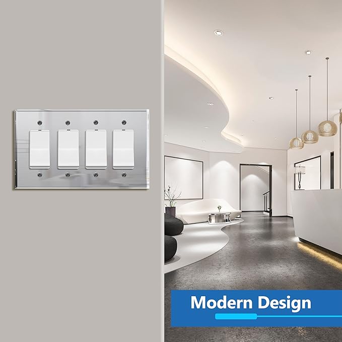 LIDER Reflective Acrylic Decorator Wall Plate, Mirrored Light Switch Plate, Plexiglass Outlet Cover, Acrylic Glass, Oversized 4-Gang 5.25" x 8.88", LWP-34O-ASV, Silver