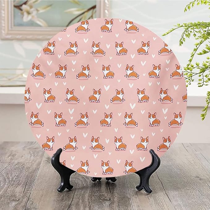 Ceramic Plates, Dog Lover Decorative Ceramic Plates, Cute Little Corgi Jumping Running and Standing, 8 Inch, for Dining, Parties, Wedding, Coral Orange White