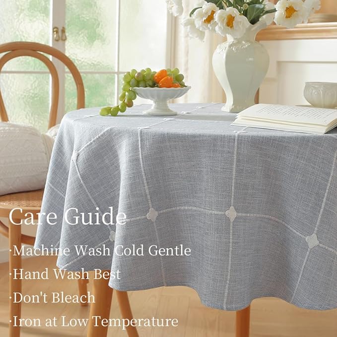 Zobesta Linen Blue Table Cloth Round Tablecloth Gingham 53 inch, Washable Farmhouse Soft Boho Round Table Cloth for Outdoor, Party, Holiday, Picnic, Dining