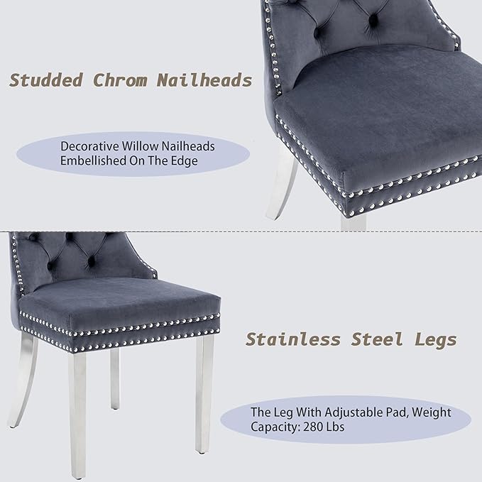 KCC Velvet Dining Chairs Set of 2, Upholstered High-end Tufted Dining Room Chair with Nailhead Back Ring Pull Trim Stainless Steel Legs, Contemporary Nikki Collection Modern Style for Kitchen, Gray