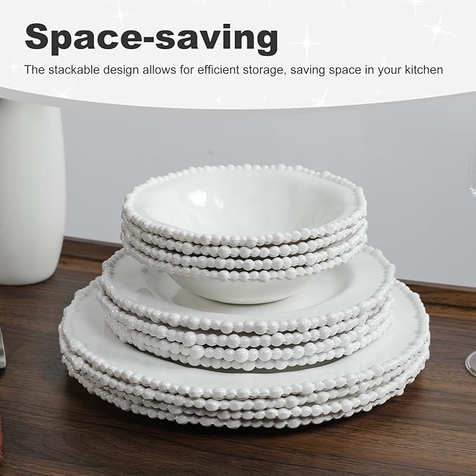 White Pearl Melamine Dinnerware Set, 12-Piece Plastic Dinner Dishes Set, Service for 4 Unbreakable Kitchen Plates and Bowls Set