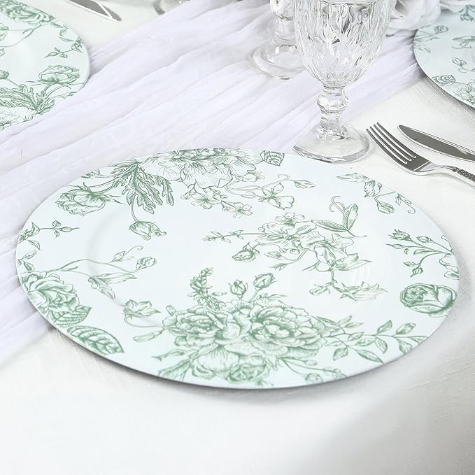 Efavormart 6 Pack Floral Acrylic Charger Plates in French Toile Pattern - Image 3