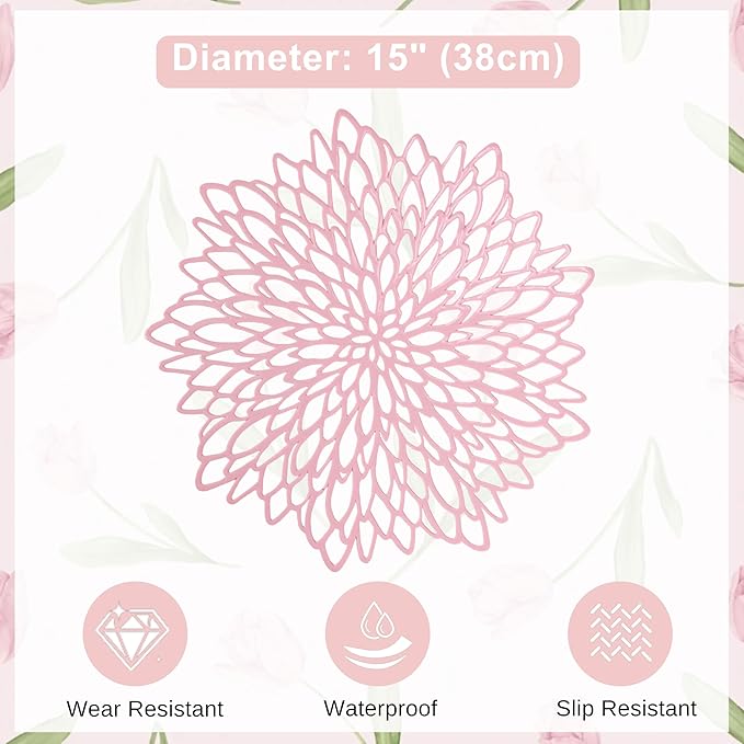 Snowkingdom Pink Placemats Set of 8, Round Vinyl Pink Flower Place Mats 15 Inch Fancy Dinning Floral Table Mats for Wedding Birthday Baby Shower Easter Halloween Christmas Holiday Party Decoration