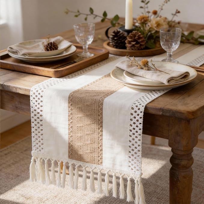 Boho Table Runner with Tassels, Farmhouse Rustic Macrame Table Runners - Image 5