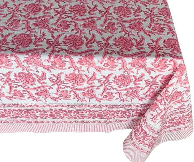 ATOSII Red Bloom 100% Cotton Rectangle Tablecloth, Block Print Floral Linen Table Cloth for Dining Parties Outdoors Weddings Holidays I 72 X 120 Inches, 10 Seater, Summer Farmhouse Grandmillennial