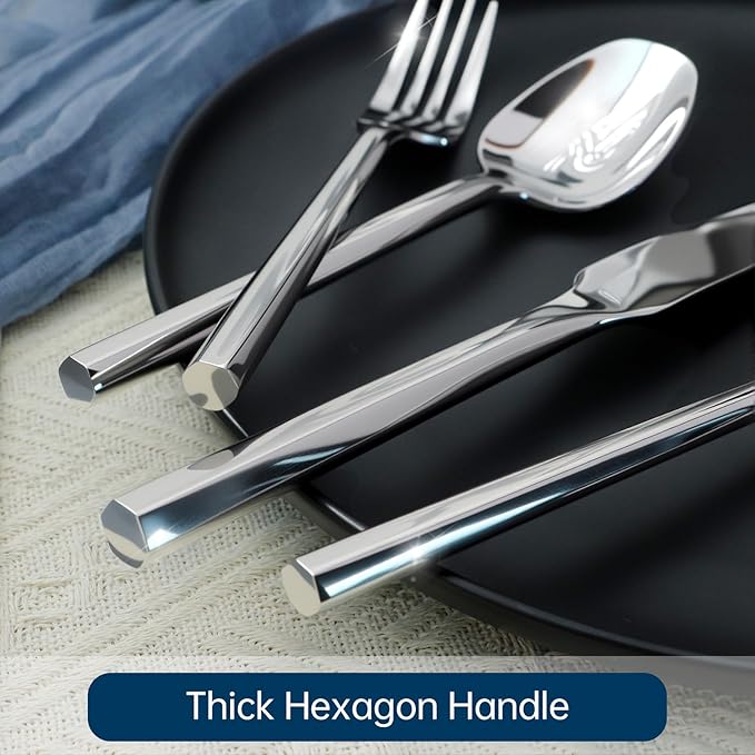 Silverware Set 40-Piece Hand Forged Stainless Steel Cutlery, Mirror Silver Thick Hexagon Handle Flatware Sets, Service for 8