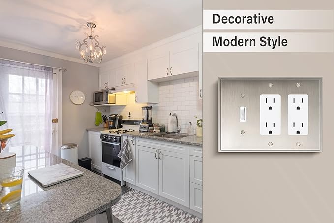 Henne Bery Soft Modern Decorative Wall Plate Switch Plate Outlet Cover (Double Decorator/Single Toggle, Satin Nickel)