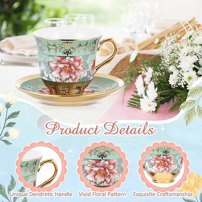 Teenyyou Set of 18 Tea Cups and Saucers Tea Party Decorations Floral Porcelain - Image 6