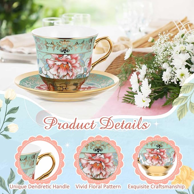 Teenyyou Set of 24 Tea Cups and Saucers Tea Party Decorations Floral Porcelain - Image 7