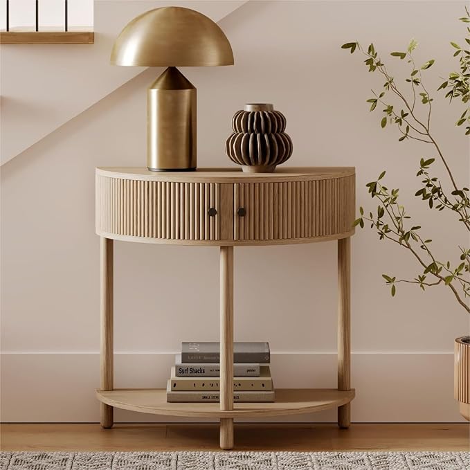 Fluted Half Moon Shaped Console Table, Small Entry Desk, Living Room Furniture, Modern Home Decor, Solid Wood Entryway Table with Two Doors and Black Knobs (Natural Oak)