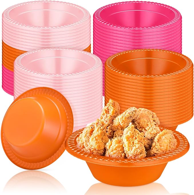 Layhit 100 Pcs Pink and Orange Disposable Plastic Bowls 12 oz Sunset Tropical Soup Dessert Salad Bowl Candy Snack Bowls Serving Supplies for Holiday Birthday Party Picnic