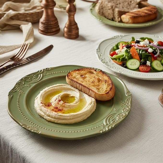 salad plates set of 4, 10.5 inch Reactive Glaze Stoneware Dinner Dish Set for Dessert, Salad, Appetizer, platos de ceramica Dishwasher & Oven Safe, Scratch Resistant-Olive-drab Green
