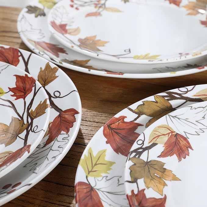Melamine Dinnerware Sets 12 Pcs, Melamine Plates and Bowls,Party Plates and Bowls Sets, Camping Dishes Set for 4, Unbreakable, BPA Free, Dishwasher Safe（Yellow Maple Leaves）