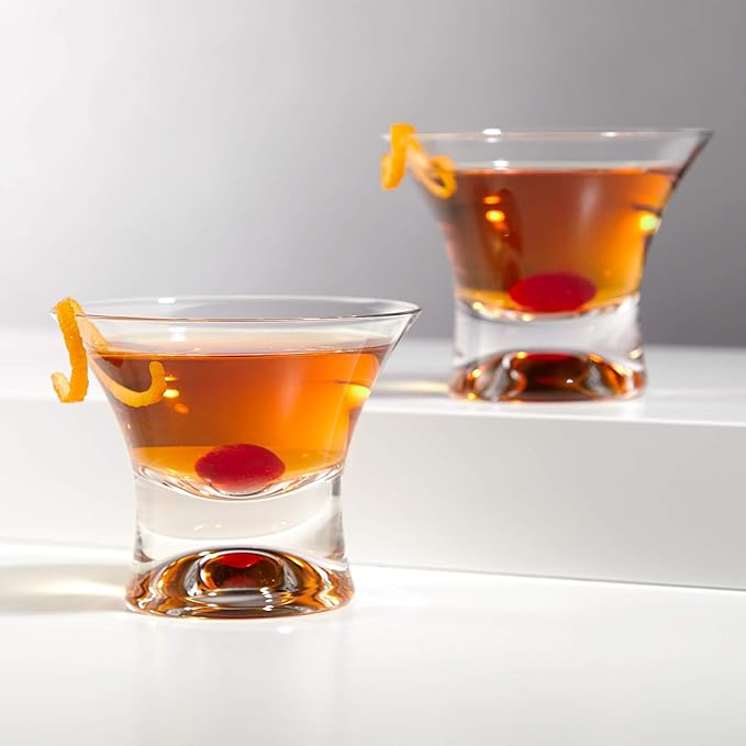 Viski Heavy Base Stemless Manhattan Glasses Set of 2 - Premium Crystal Cocktail Glass, Stemless Martini Glasses, Cocktail Glass Gift Set, 7 oz