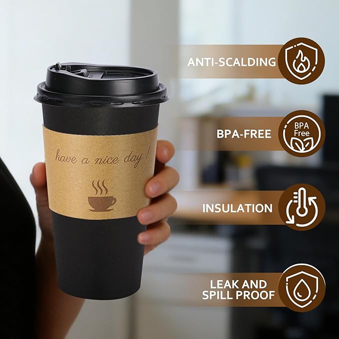 50 Pack 20 oz Disposable Coffee Cups with Lids, Paper Hot Coffee Cups with Sleeve and Straw, To Go Cups for Home, Office and Party (Black 20oz)