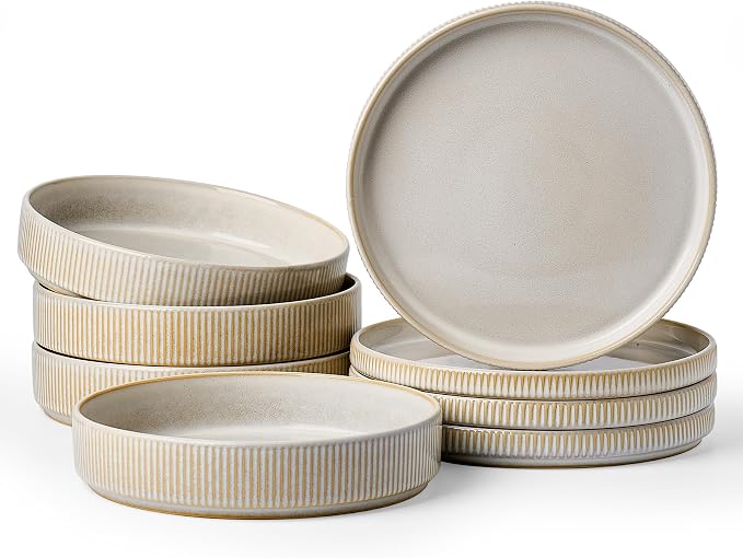 Stoneware Dinnerware Sets for 4, 8-Piece Wide Pasta Bowls and Salad Plates | by FamiwarePremium