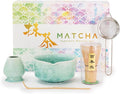 Matcha Set | Japanese Matcha Tea Set with Crystal-Glazed Ceramic Spout Bowl | Bamboo Whisk & Holder, Scoop and Stainless Sifter | 5-Piece Matcha Kit |「Crystal Shell Green」