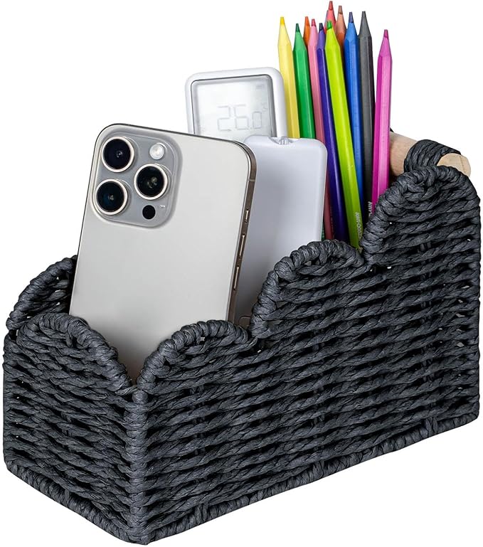 CubesLand Bedside Table Desk Organizer Caddy, Remote Pen&Pencil Holder Cup, Makeup Brush Holder w/Scalloped Perfect for Home, Office Desk, Living Room Table Decor, 3 Slots Black